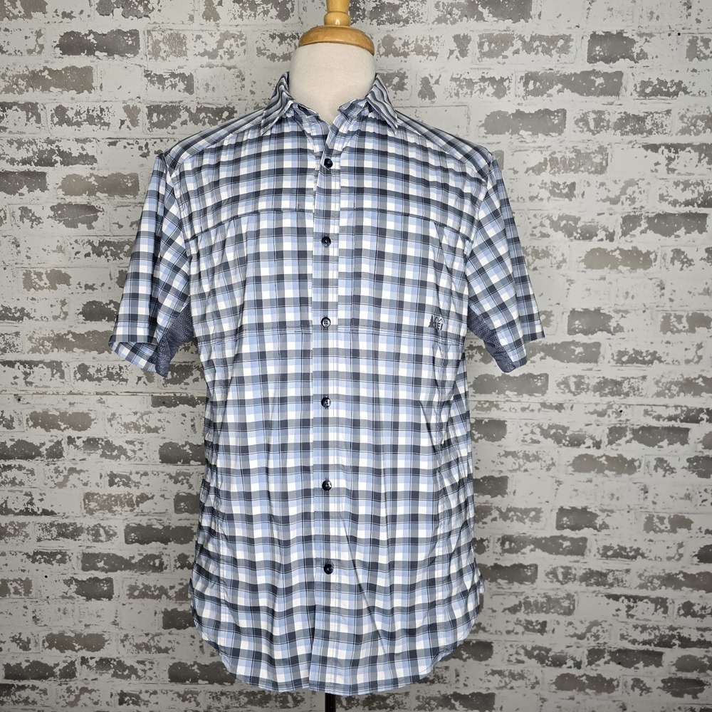 REI Mens Blue Plaid Vented Short Sleeve Shirt Fishing Hiking Outdoor Trail Sz M